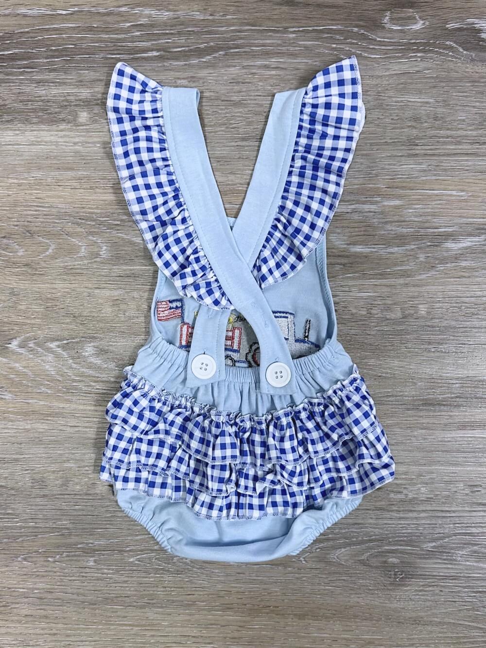 Patriotic Tractor Pull Girls 4th of July Baby Bubble Romper - Sydney So Sweet