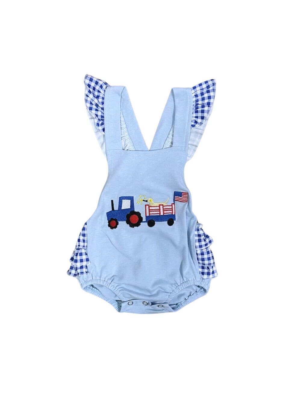Patriotic Tractor Pull Girls 4th of July Baby Bubble Romper - Sydney So Sweet
