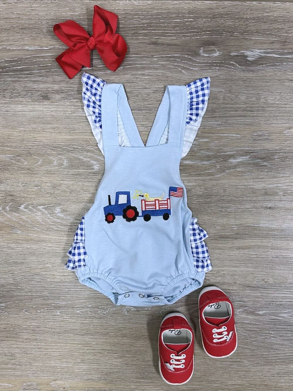 Patriotic Tractor Pull Girls 4th of July Baby Bubble Romper - Sydney So Sweet