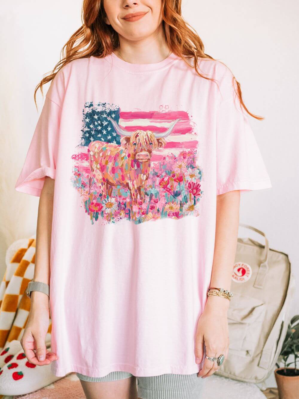Patriotic Floral Highland Cow T-Shirt Watercolor Graphic Tee