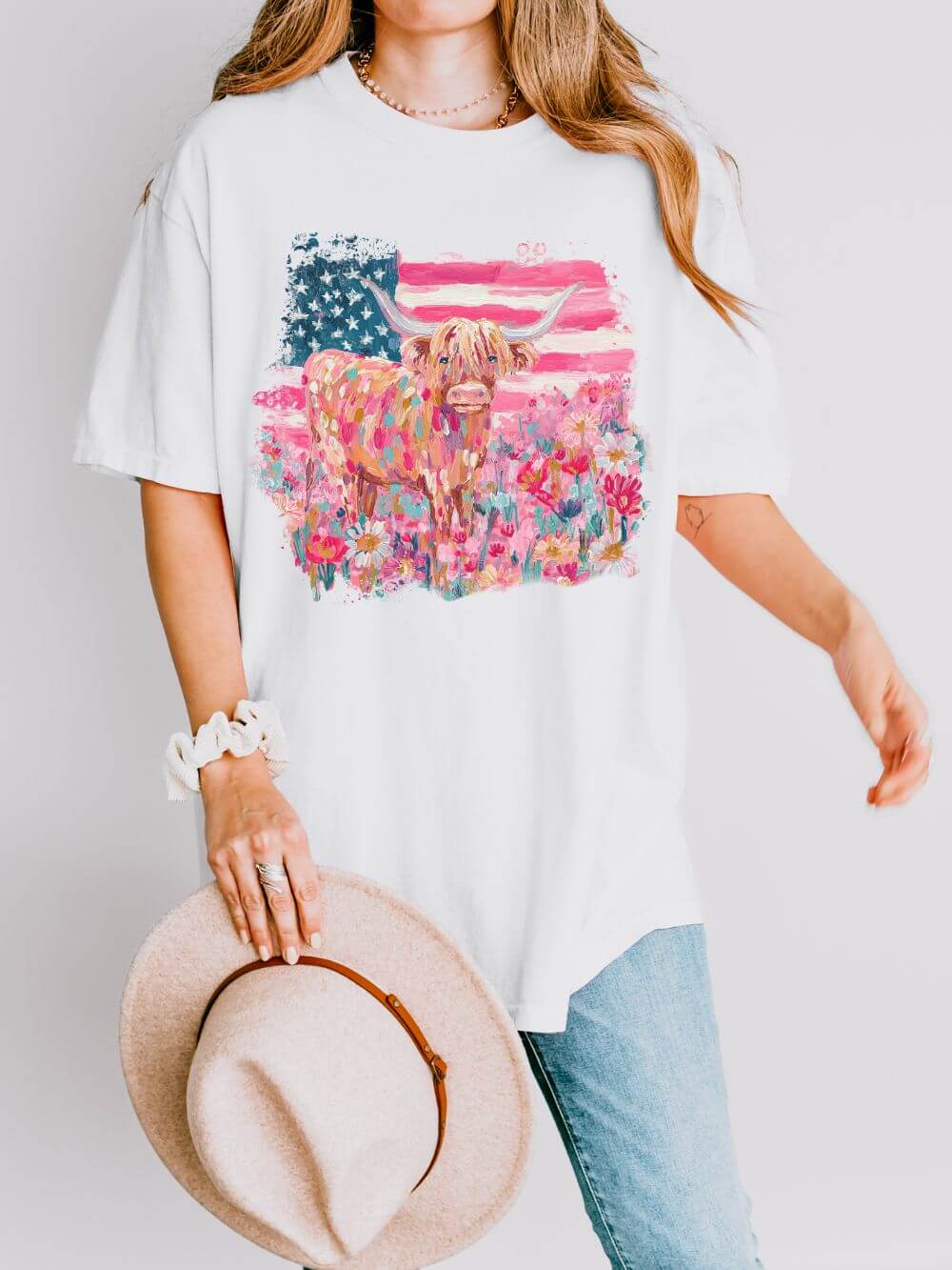 Patriotic Floral Highland Cow T-Shirt Watercolor Graphic Tee
