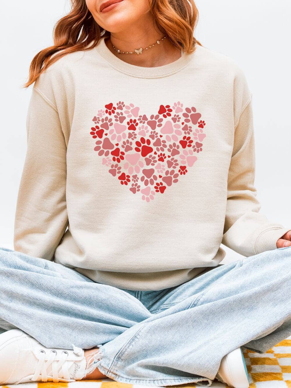 Dog Paw Heart Dog Mom Valentine's Day Long Sleeve Graphic Sweatshirt - Sydney So Sweet