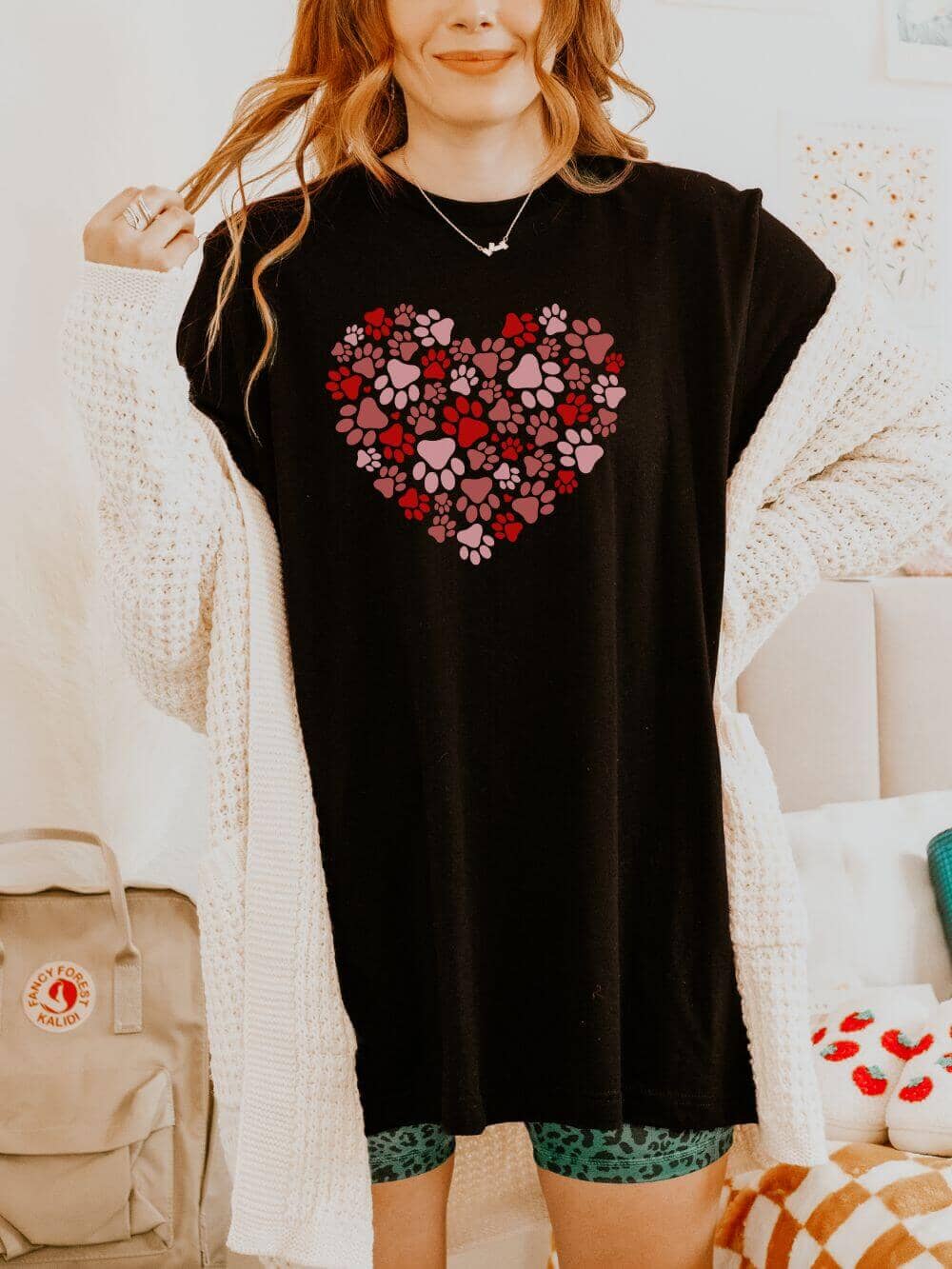 Dog Paw Heart Dog Mom Valentine's Day Short Sleeve Graphic T-Shirt - Sydney So Sweet