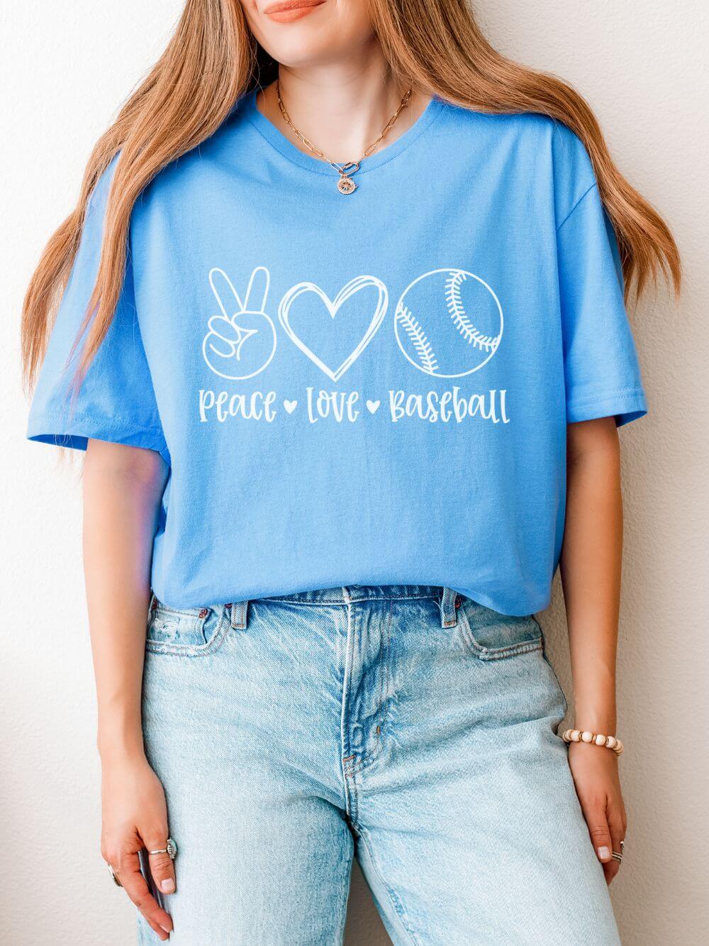 Peace Love Baseball Graphic T-Shirt Cute Sports Mom Tee (12 Team Colors)