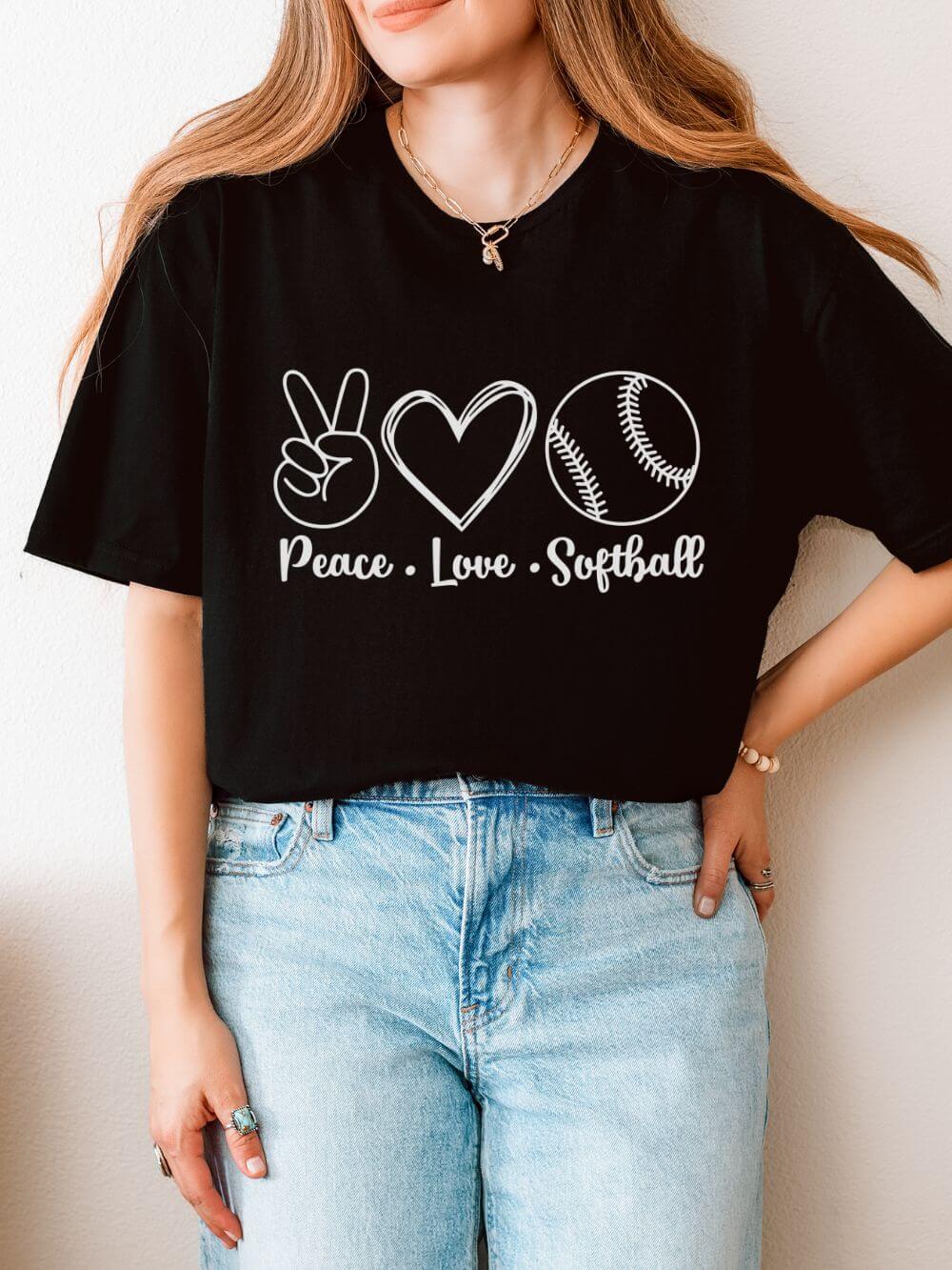 Peace Love Softball Repeat Graphic T-Shirt Cute Sports Mom Tee (12 Team Colors)