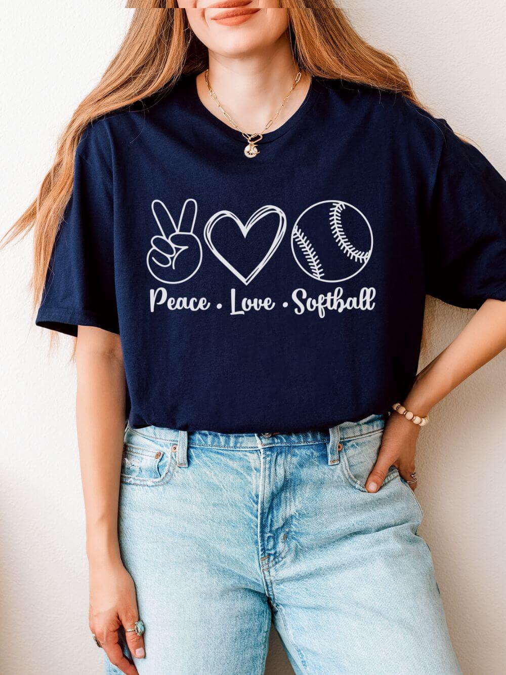 Peace Love Softball Repeat Graphic T-Shirt Cute Sports Mom Tee (12 Team Colors)