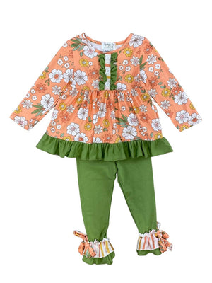 Peach & Green Retro Floral Girls Ruffle Trim Outfit - Sydney So Sweet