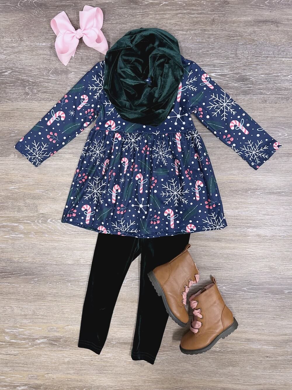 Peppermint Kisses Blue & Green Velvet Candy Cane Girls Scarf Outfit - Sydney So Sweet