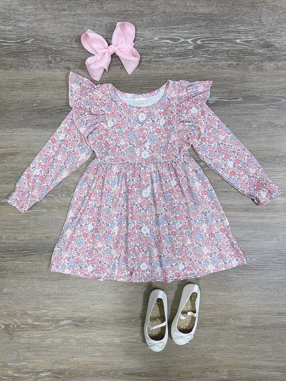 Petite Florals Pink Girls Ruffle Shoulder Long Sleeve Dress - Sydney So Sweet