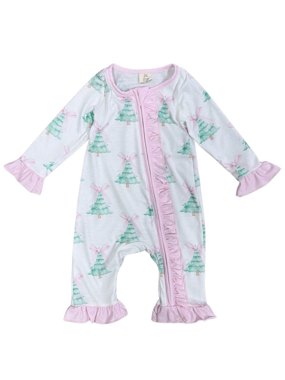 Pink Coquette Bow Christmas Tree Girls Zip Up Baby Romper - Sydney So Sweet