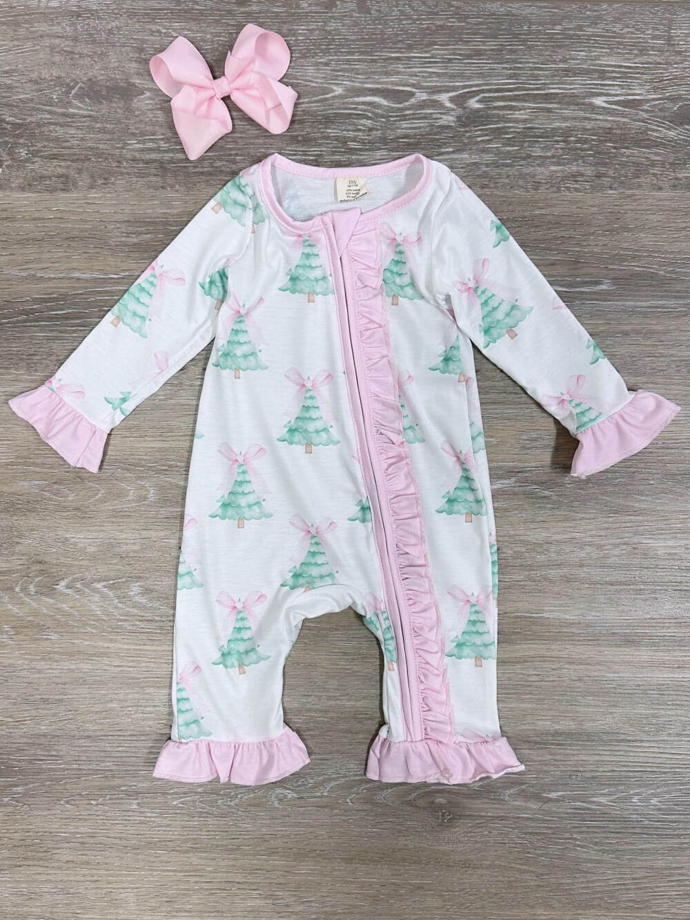 Pink Coquette Bow Christmas Tree Girls Zip Up Baby Romper - Sydney So Sweet