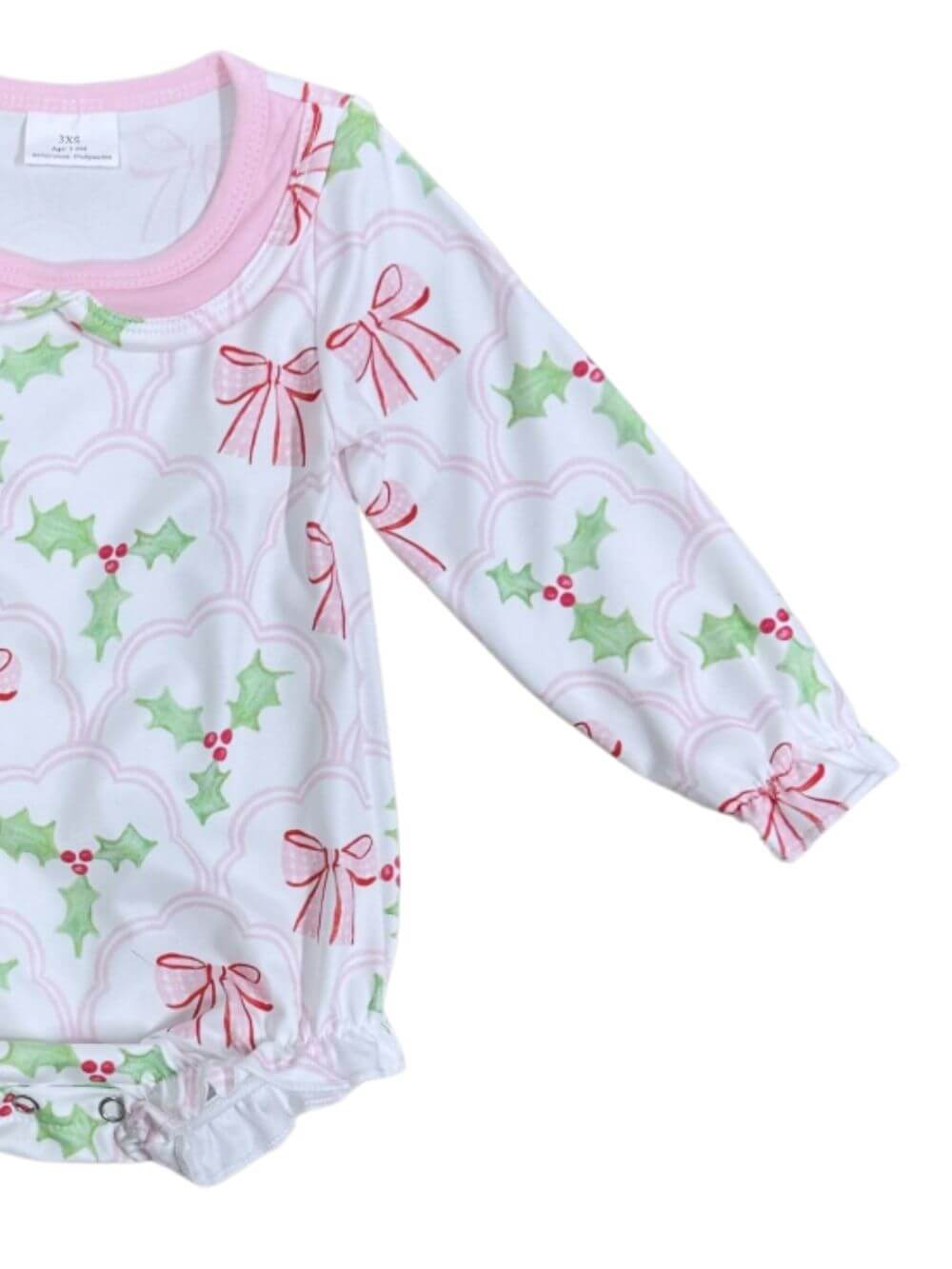 Pink Holly Bows Girls Christmas Baby Bubble Romper - Sydney So Sweet