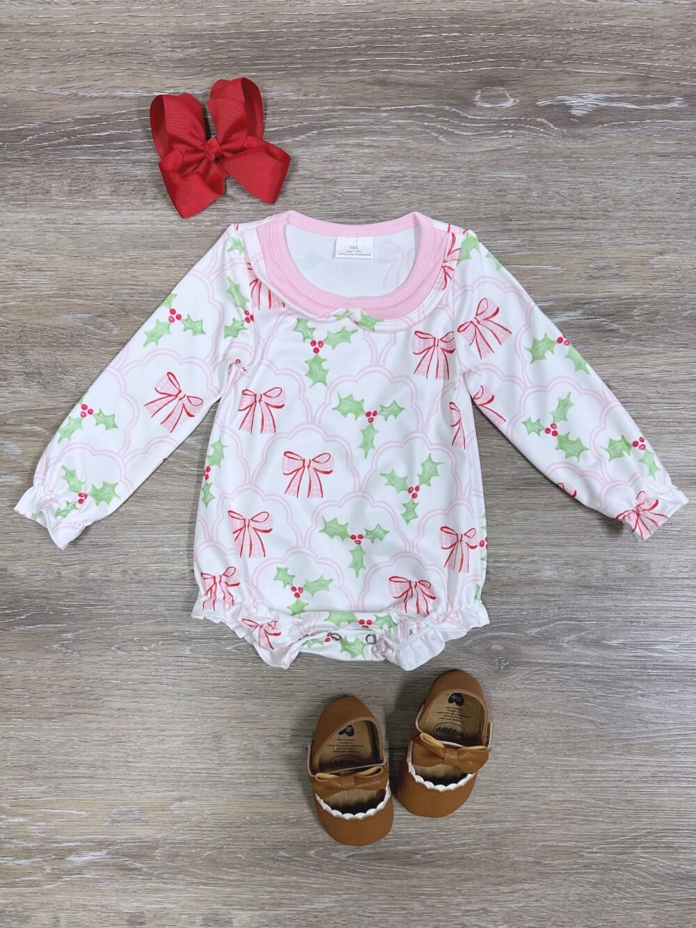 Pink Holly Bows Girls Christmas Baby Bubble Romper - Sydney So Sweet