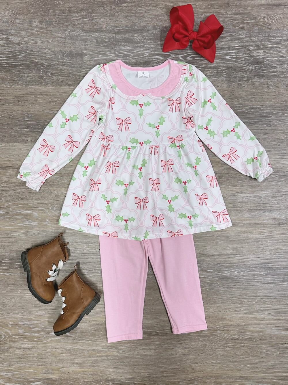 Pink Holly Bows Girls Christmas Tunic & Leggings Outfit - Sydney So Sweet