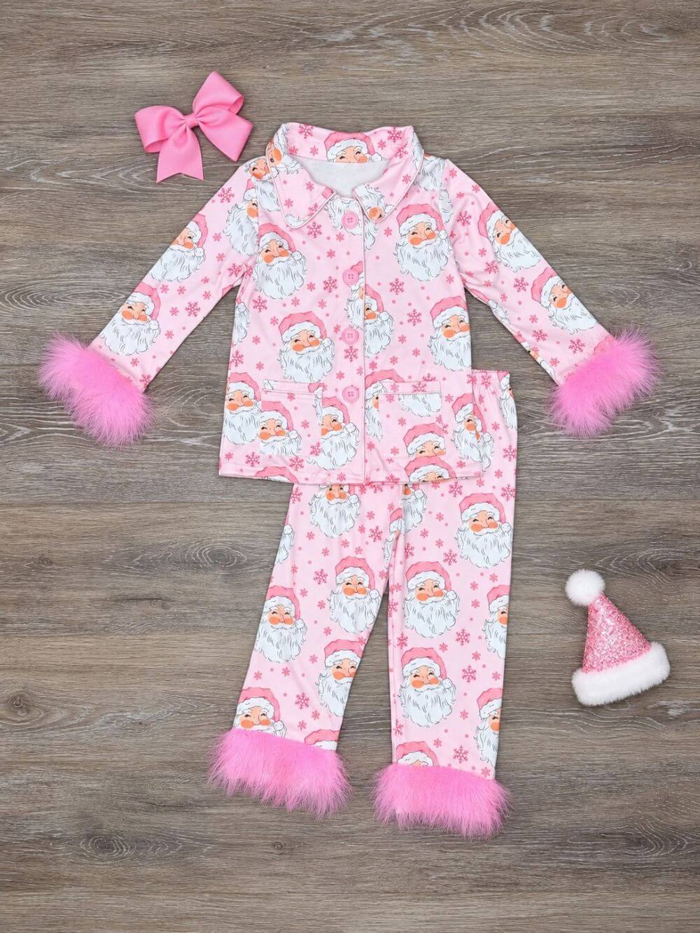 Pink Santa Girls Faux Fur Trim Lounge Set
