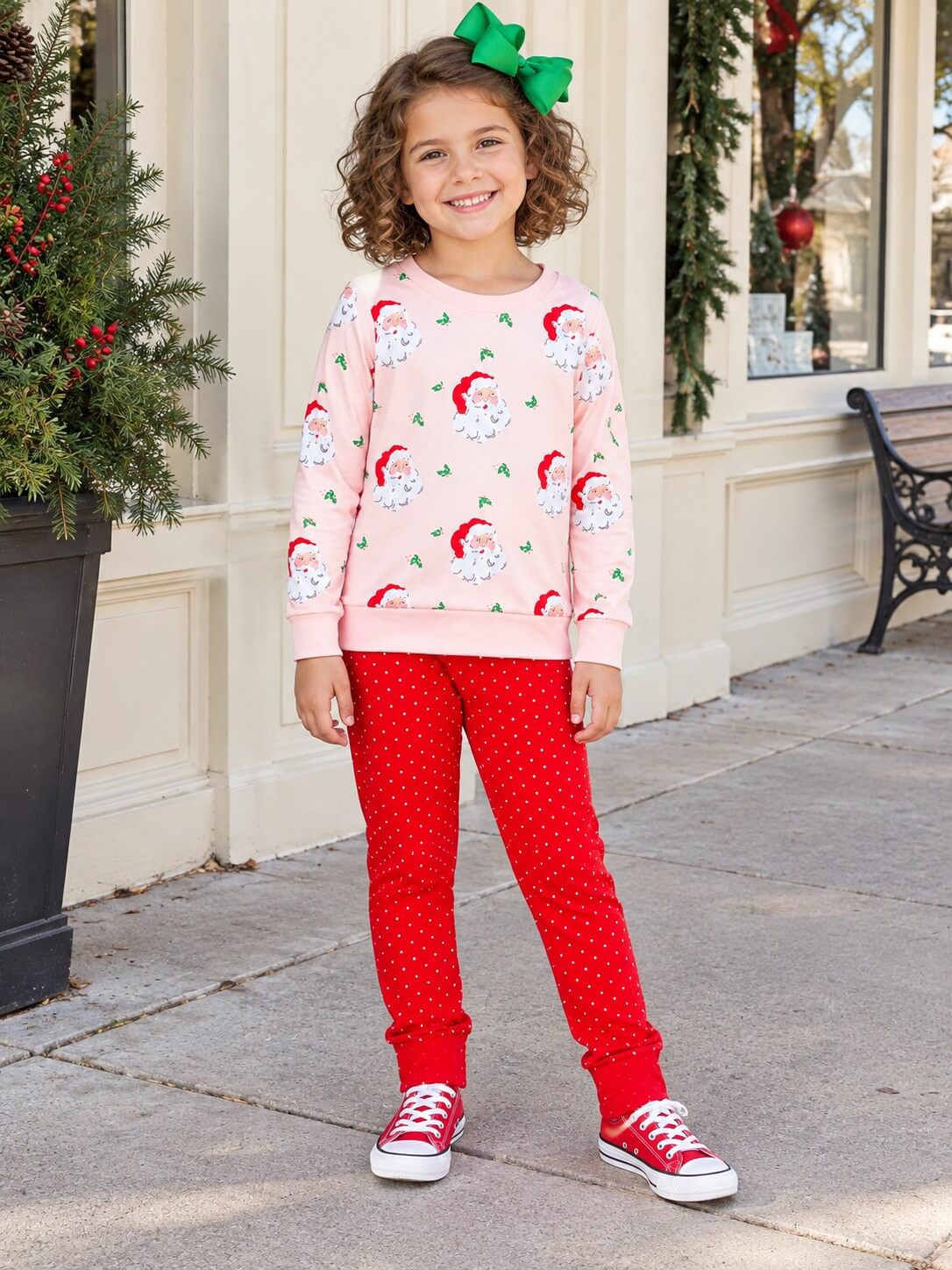 Pink Santa Holly Girls Christmas Polka Dots Outfit