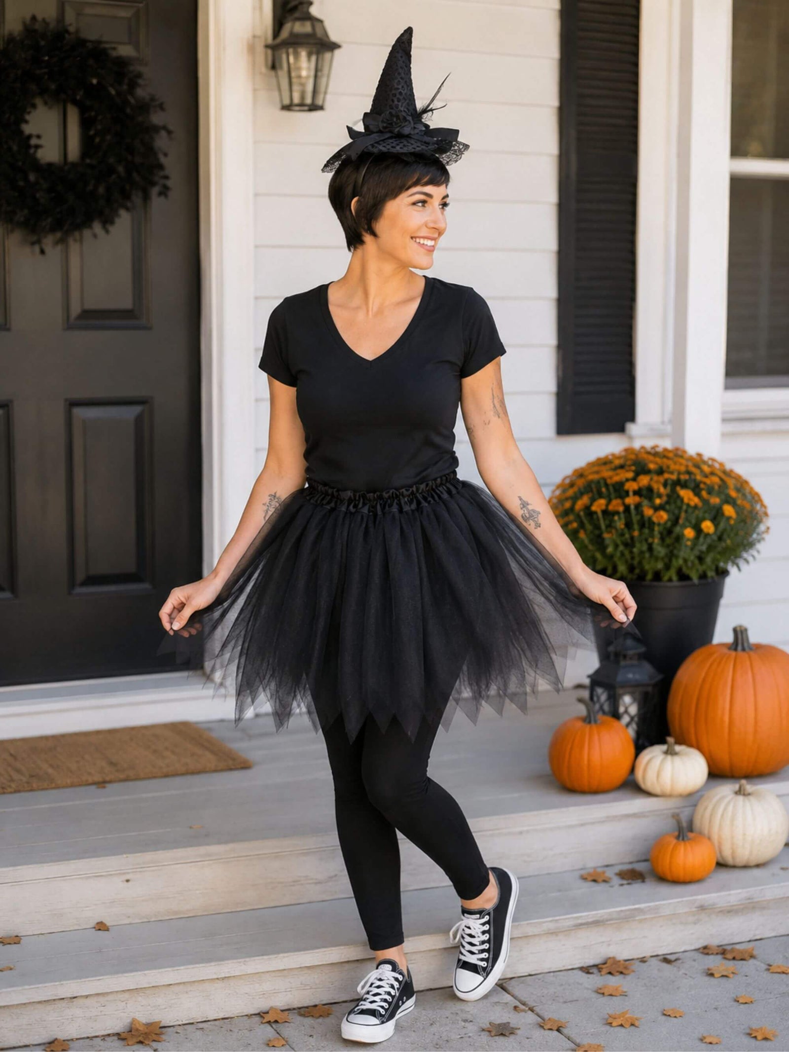 Women's Black Pixie Witch Costume Set for Adults & Plus Size – Tutu Skirt & Headband Hat – Magical Outfit for Halloween & Cosplay