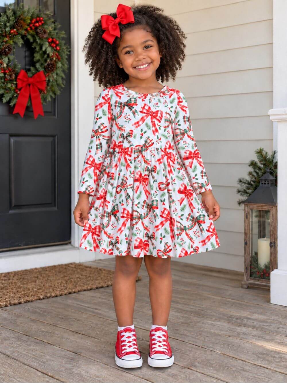 Plaids Bow & Holly Girls Christmas Skater Dress