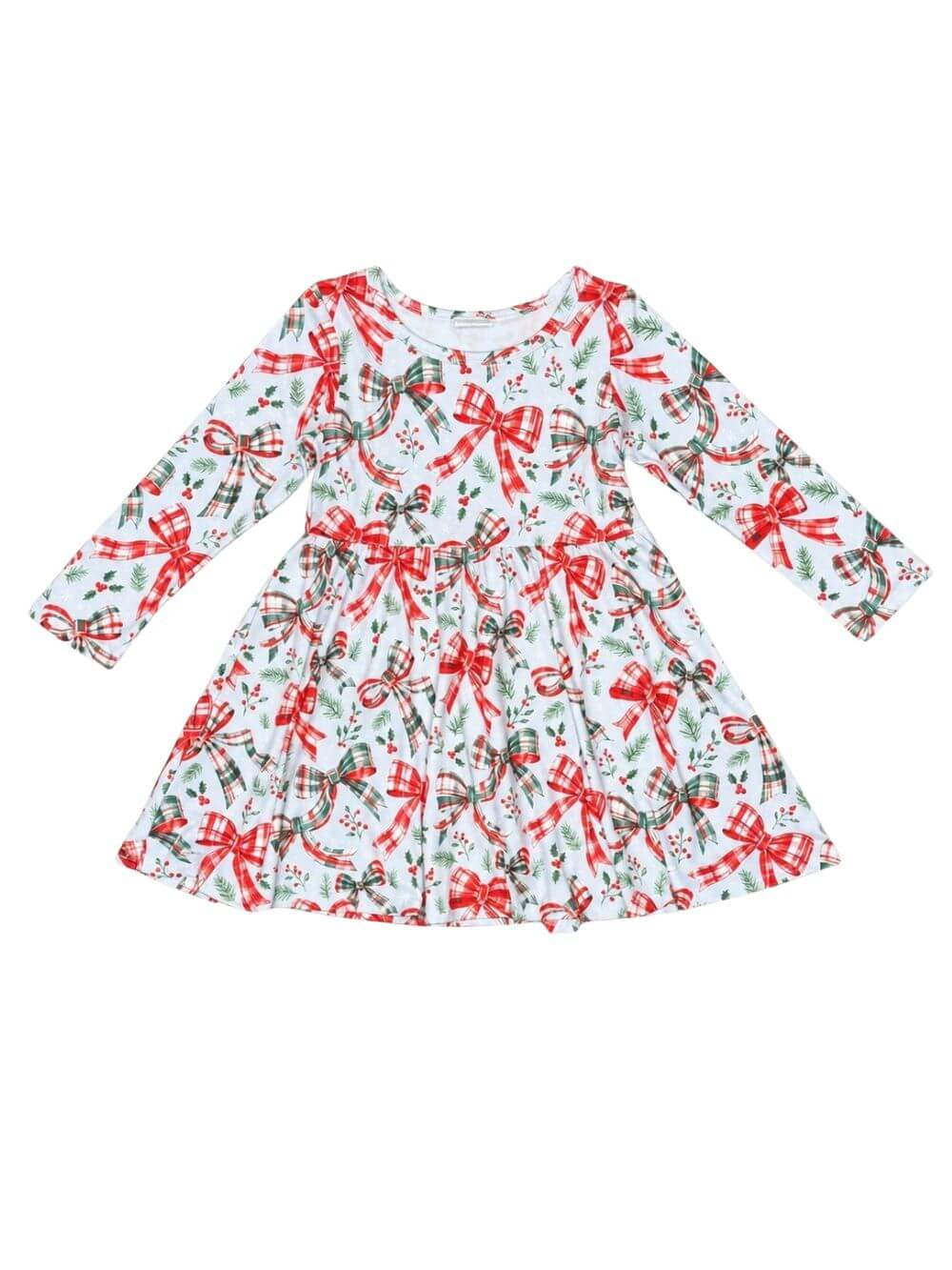 Plaids Bow & Holly Girls Christmas Skater Dress