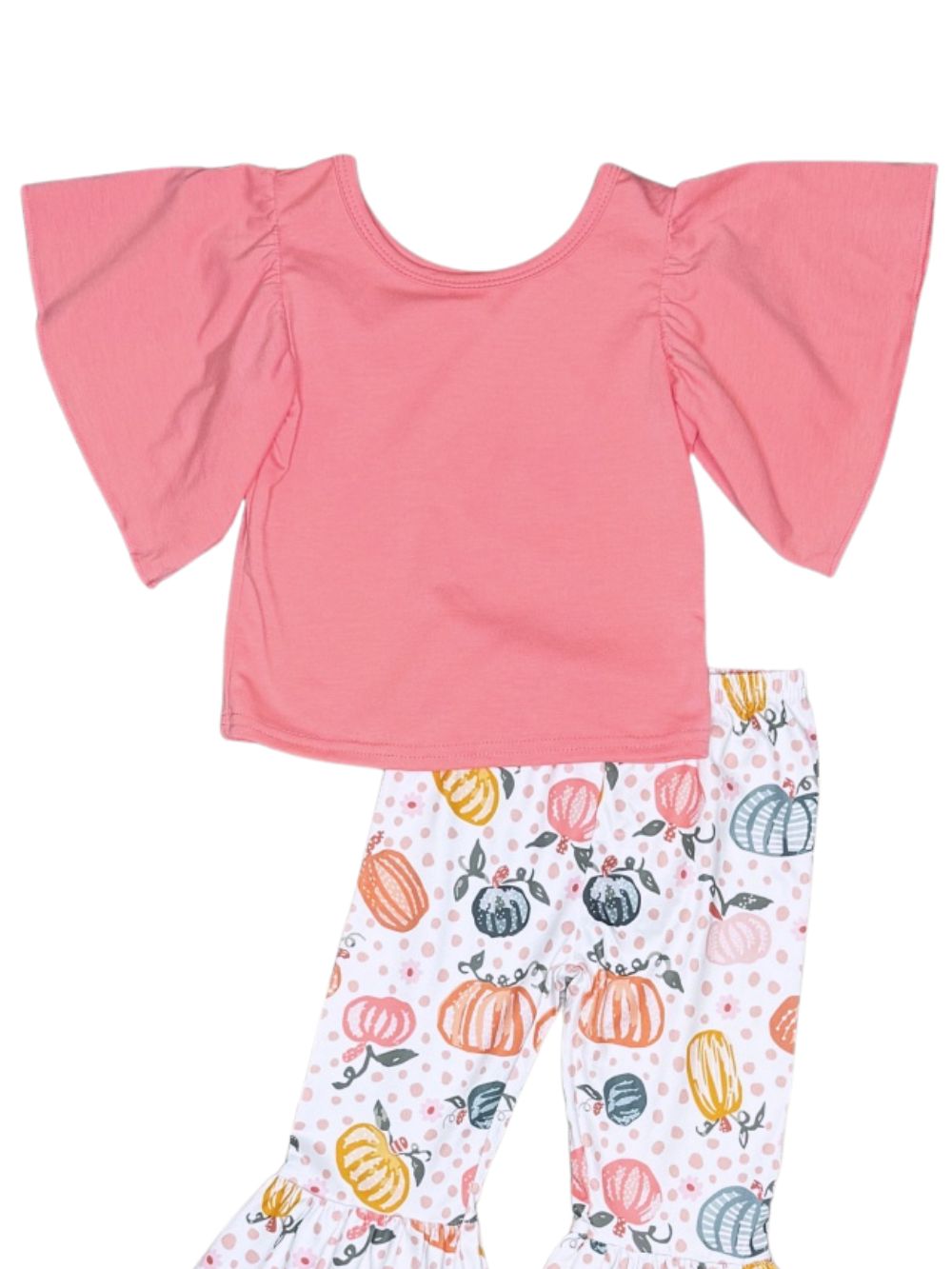 Polka Dot Pumpkin Flutter Sleeve Girls Bell Bottom Outfit
