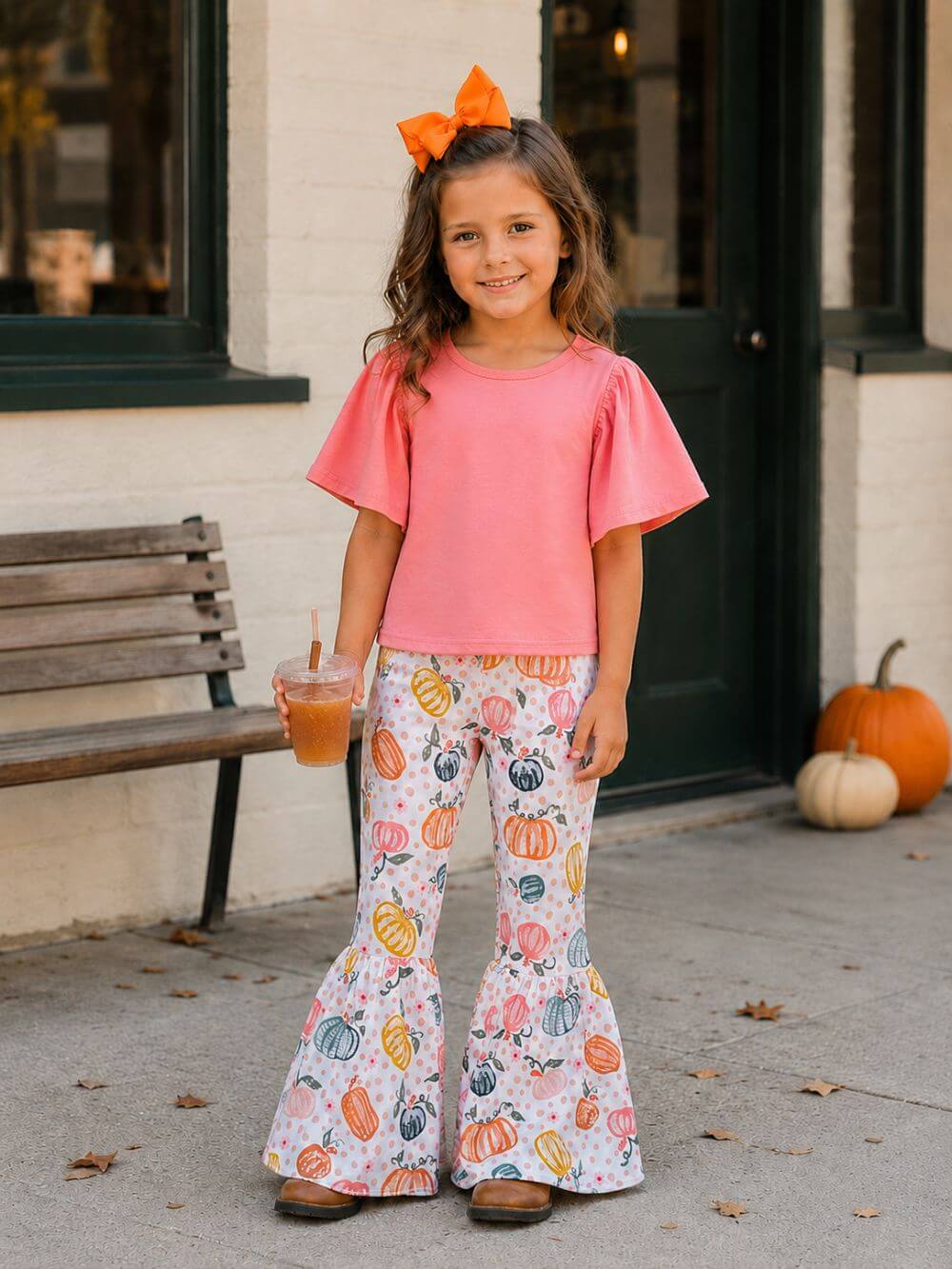 Polka Dot Pumpkin Flutter Sleeve Girls Bell Bottom Outfit