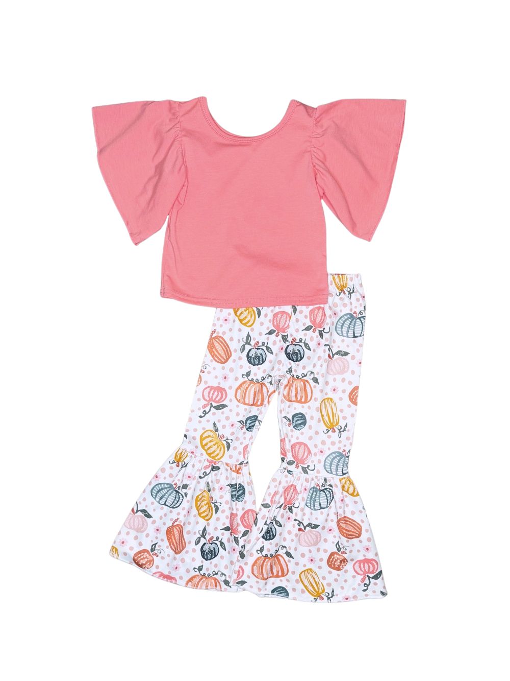 Polka Dot Pumpkin Flutter Sleeve Girls Bell Bottom Outfit