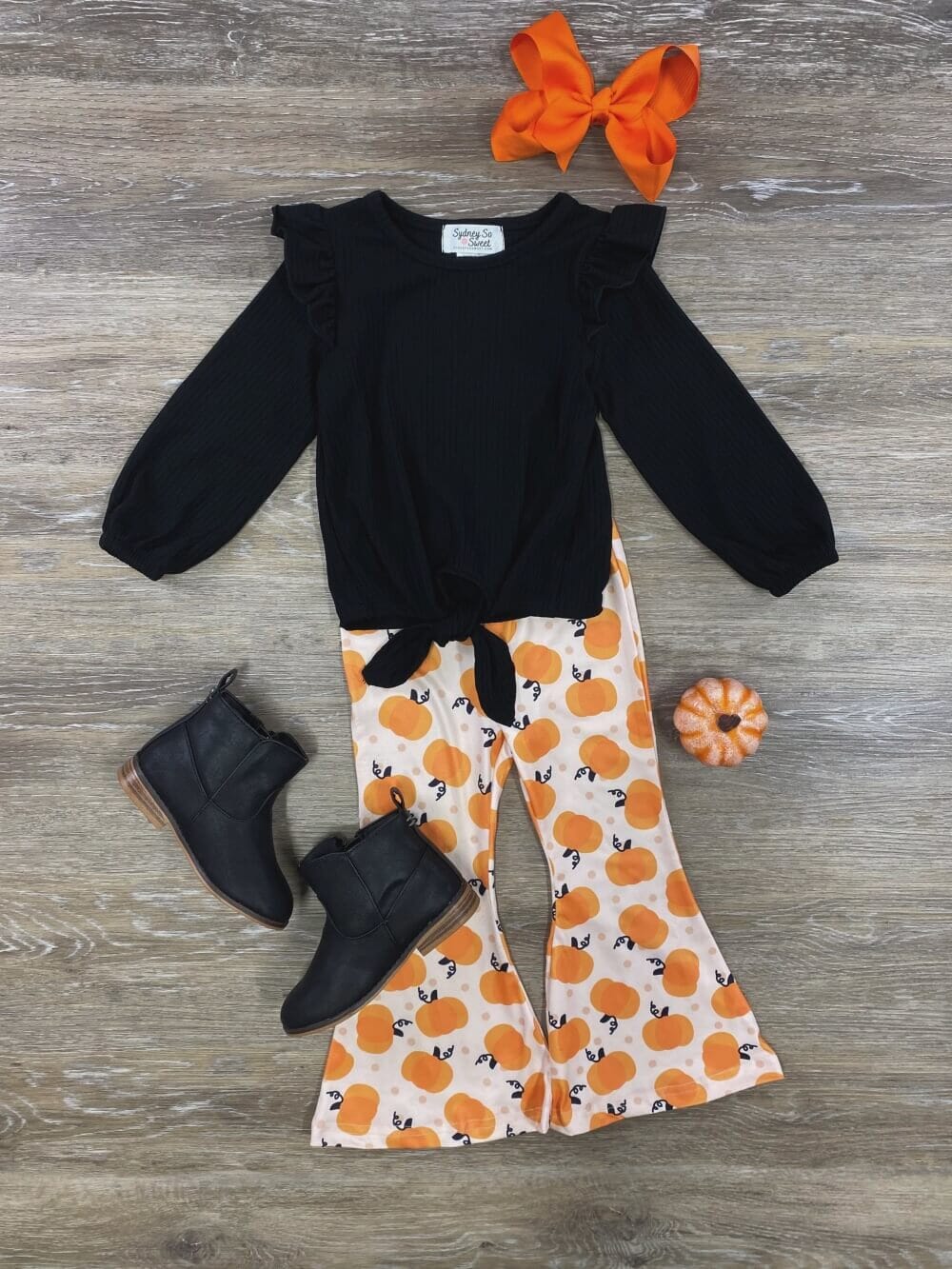 Polka Pumpkin Ribbed Tie Top Girls Flare Pants Outfit - Sydney So Sweet