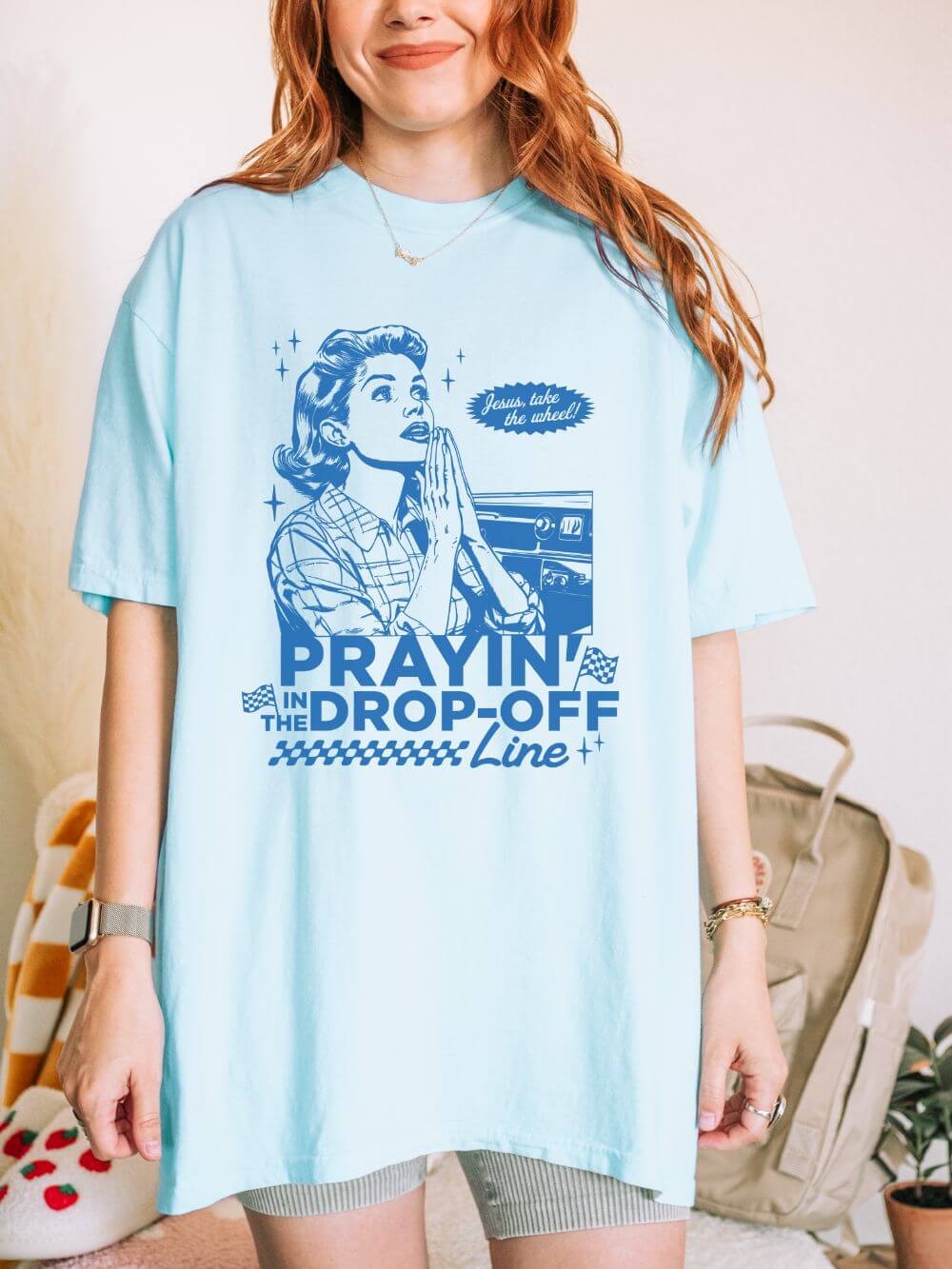 Prayin' in the Drop-Off Line Retro T-Shirt Christian Women's Graphic Tee