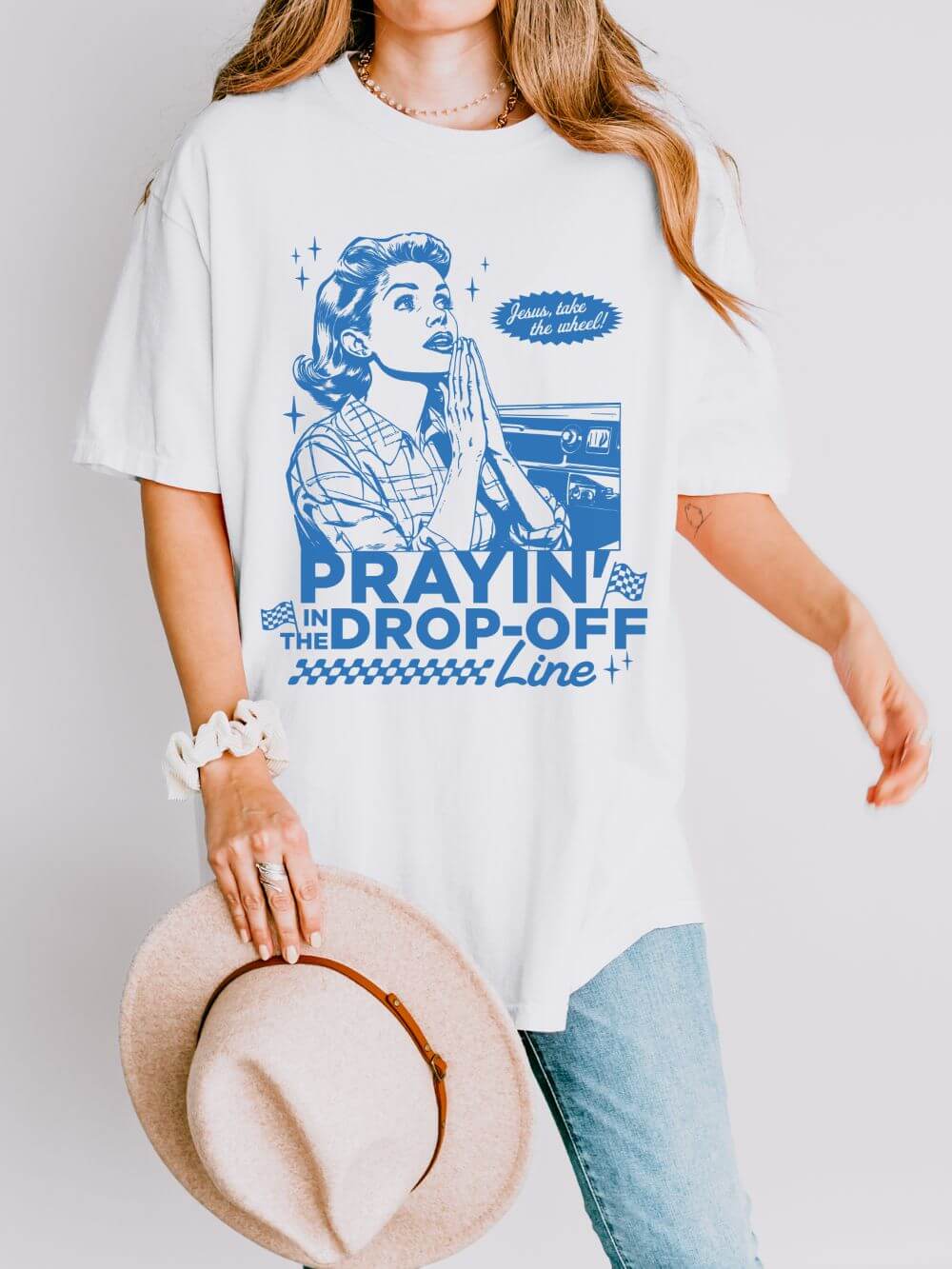 Prayin' in the Drop-Off Line Retro T-Shirt Christian Women's Graphic Tee