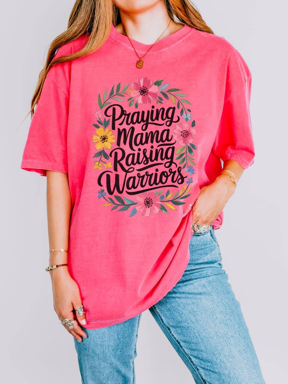 Praying Mama Raising Warriors T-Shirt Cute Floral Mom Graphic Tee