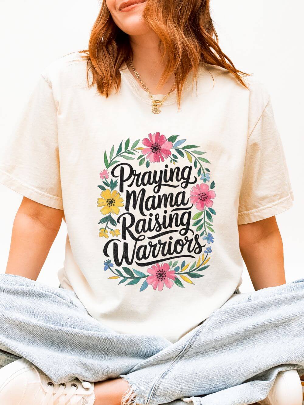 Praying Mama Raising Warriors T-Shirt Cute Floral Mom Graphic Tee