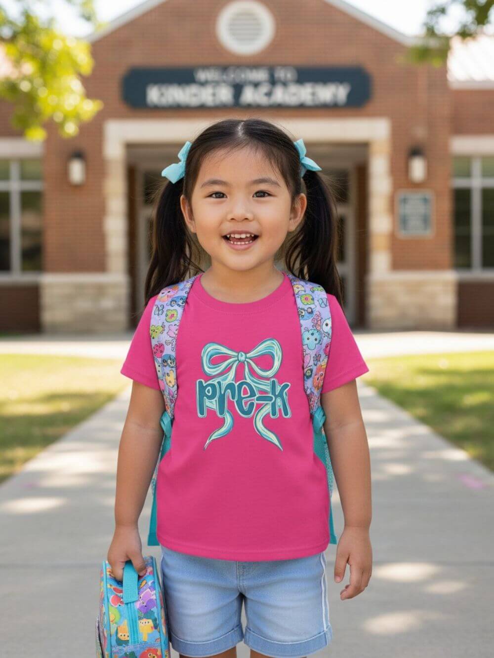 Pre-K Kids Tee Cute Blue Coquette Bow Back to School Preschool T-Shirt