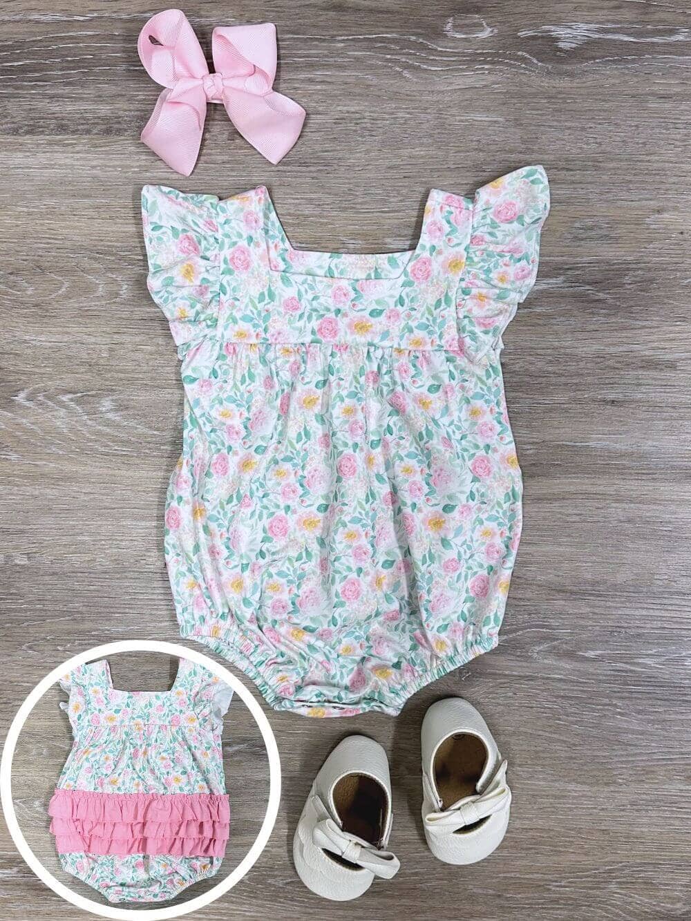 One of a Kind - Pretty Petite Floral Pink Ruffle Baby Bubble Romper Size 3-6 Months - Sydney So Sweet