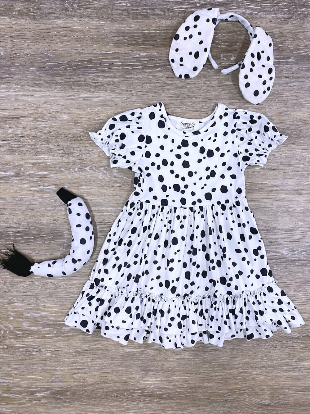 Puff Short Sleeve White & Black Girls Dalmatian Costume Dress with Tail & Ears - Sydney So Sweet
