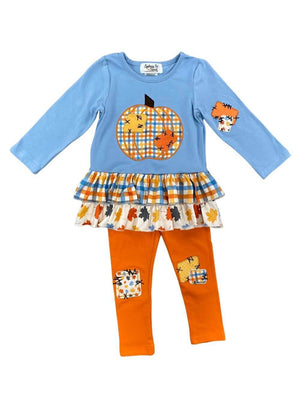 Pumpkin Patch Plaid Blue & Orange Girls Outfit - Sydney So Sweet