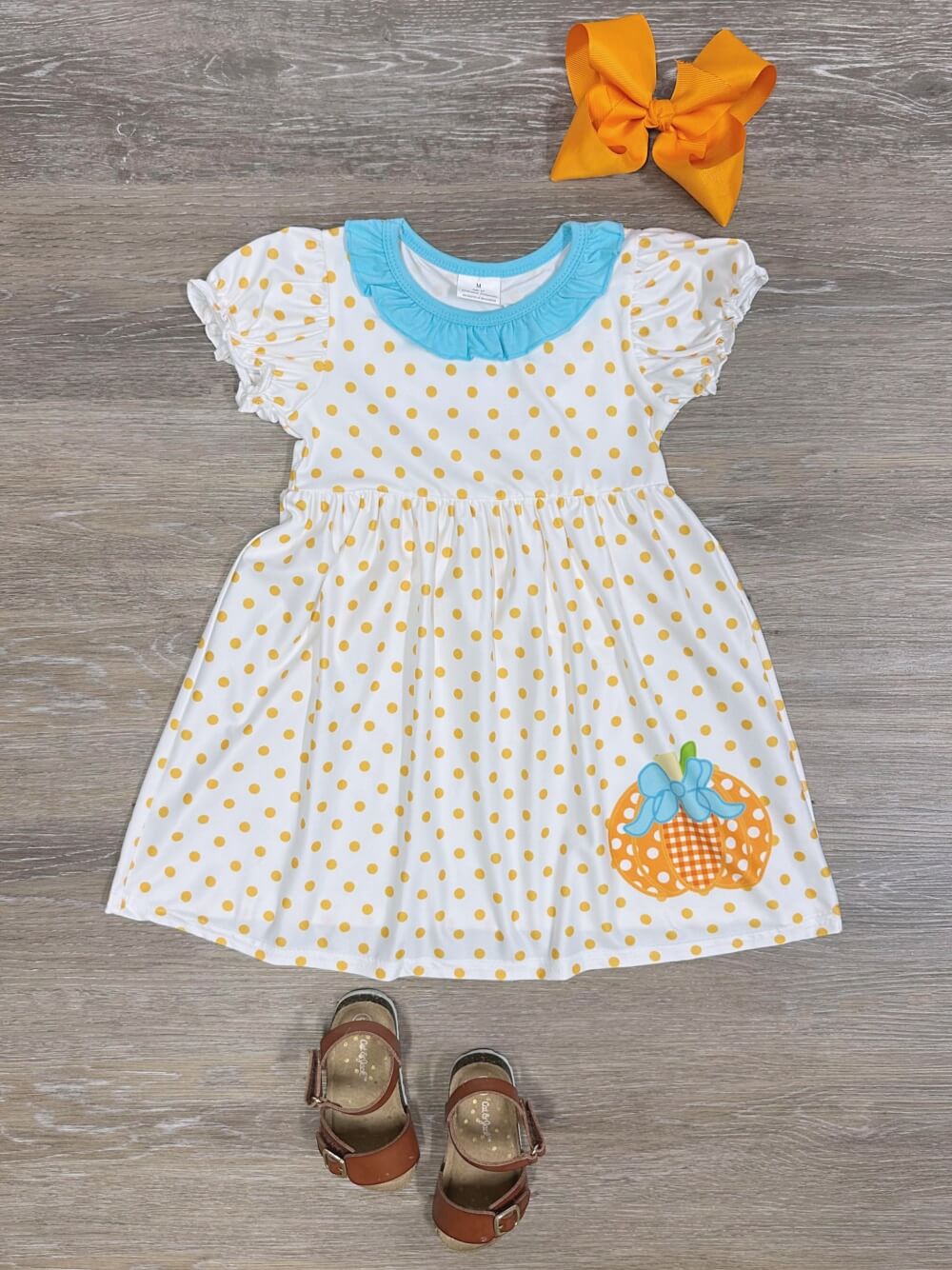 Pumpkin Polka Dot Girls Puff Sleeve Fall Dress - Sydney So Sweet