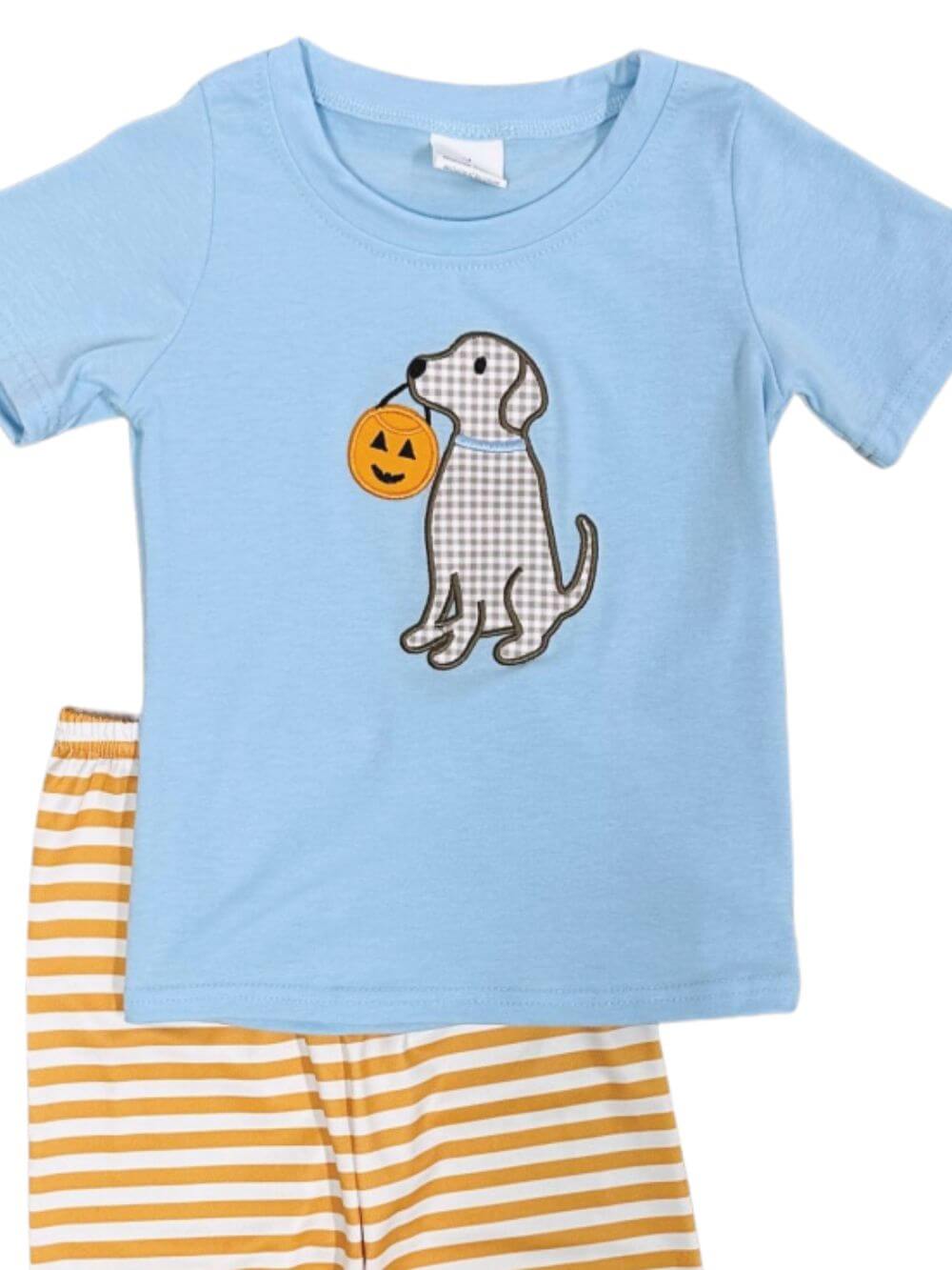 Pumpkin Pup Boys Fall Top & Striped Pants Outfit - Sydney So Sweet