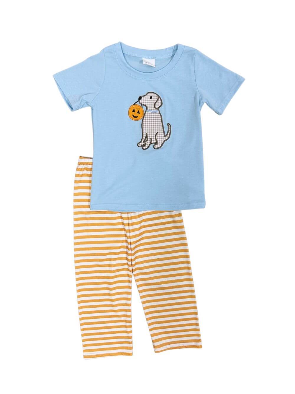 Pumpkin Pup Boys Fall Top & Striped Pants Outfit - Sydney So Sweet