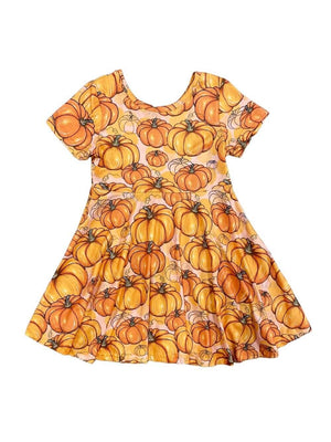 Pumpkins Please Girls Orange Short Sleeve Skater Dress - Sydney So Sweet