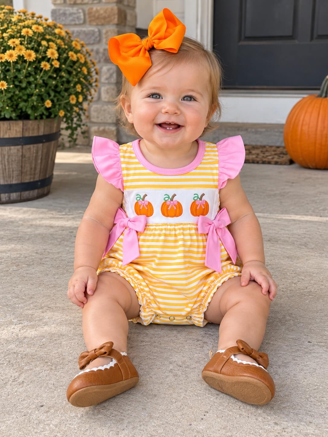 Pumpkins & Bows Yellow Stripe Baby Bubble Romper