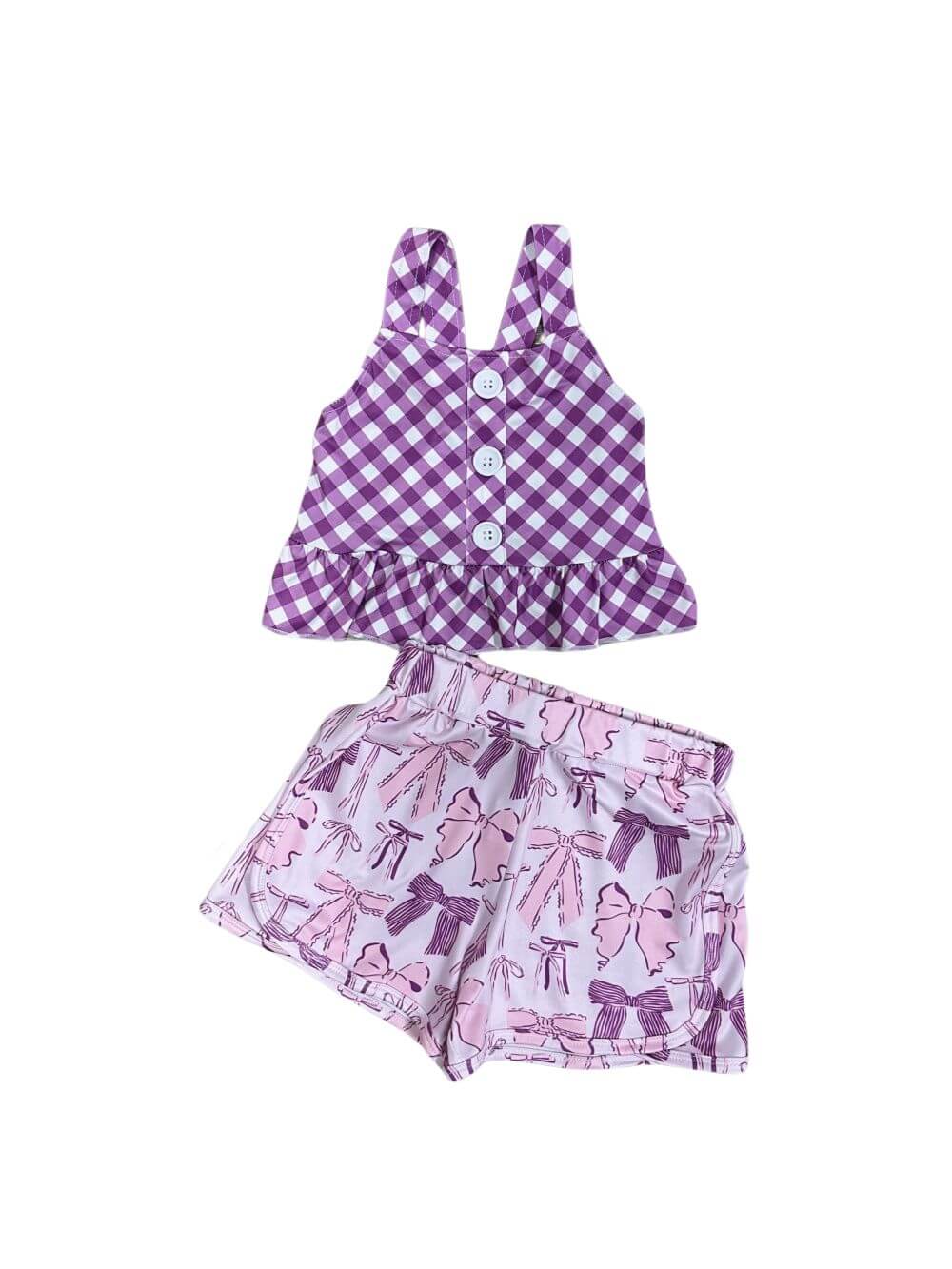Purple Gingham & Coquette Bow Girls Shorts Outfit - Sydney So Sweet