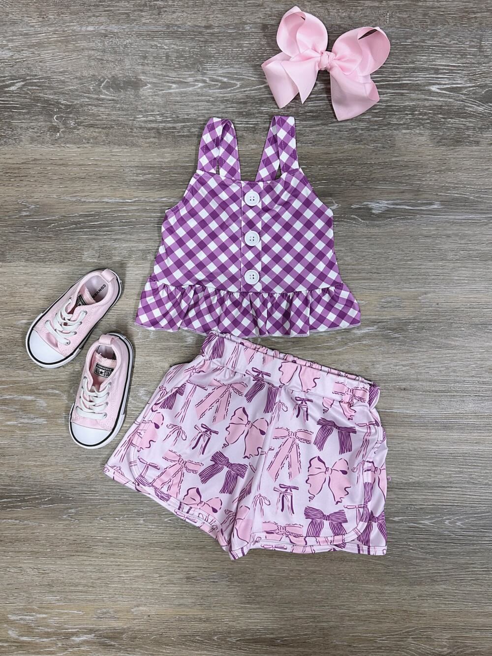 Purple Gingham & Coquette Bow Girls Shorts Outfit - Sydney So Sweet