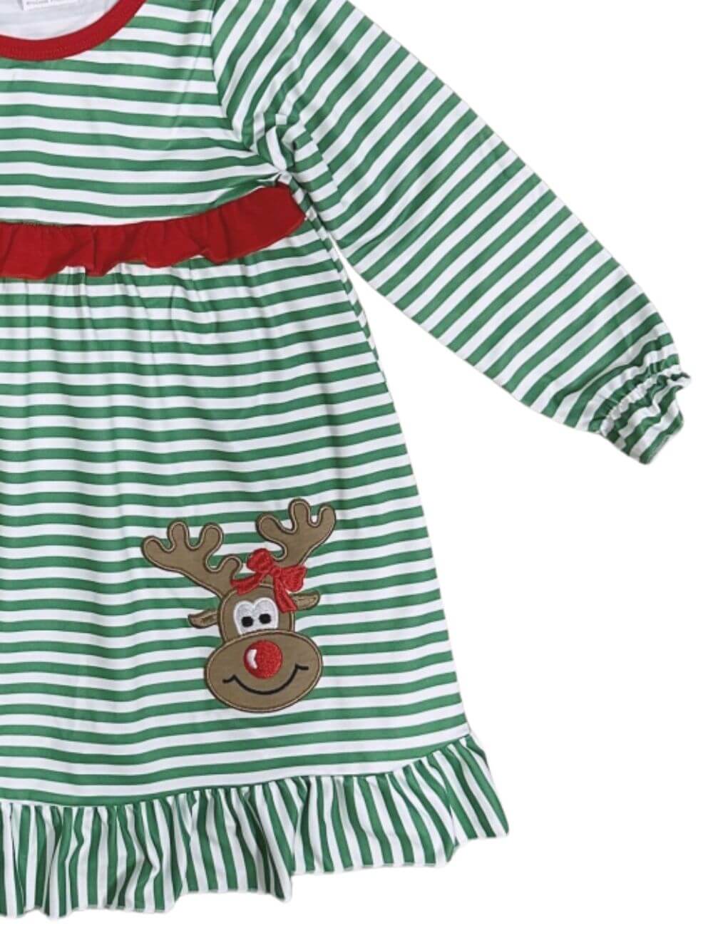 Red Nose Reindeer Girls Green Stripe Christmas Dress - Sydney So Sweet