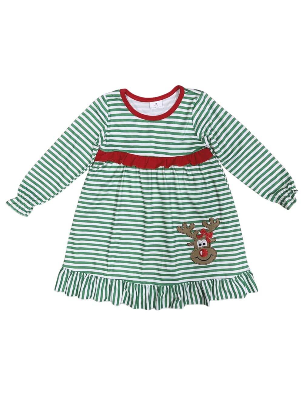 Red Nose Reindeer Girls Green Stripe Christmas Dress - Sydney So Sweet