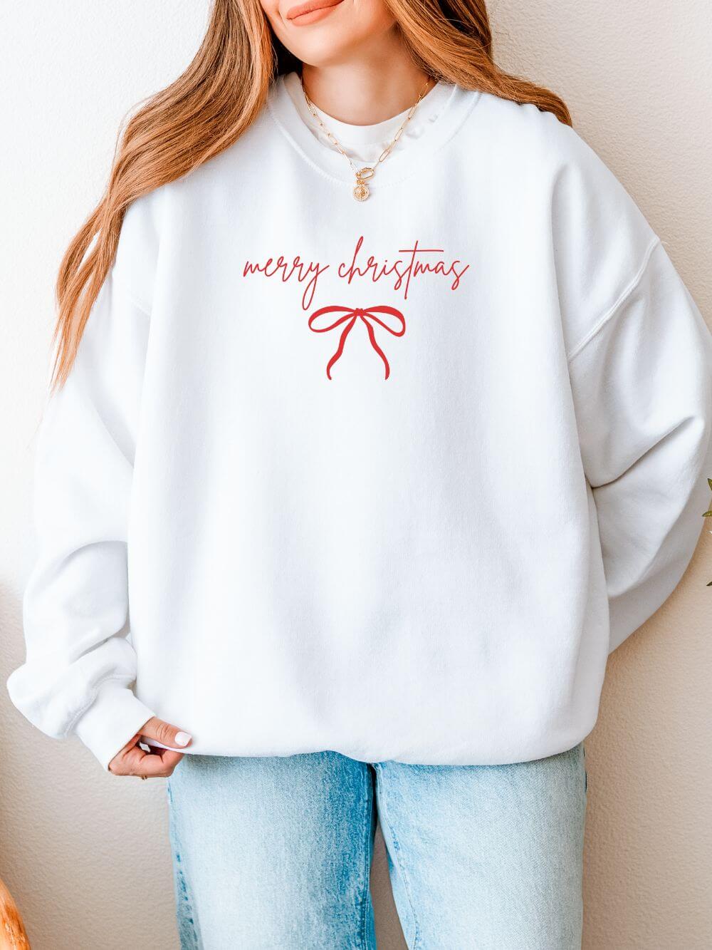 Red Bow Merry Christmas Script Heavy Blend Women's Crewneck Embroidered Holiday Sweatshirt - Sydney So Sweet