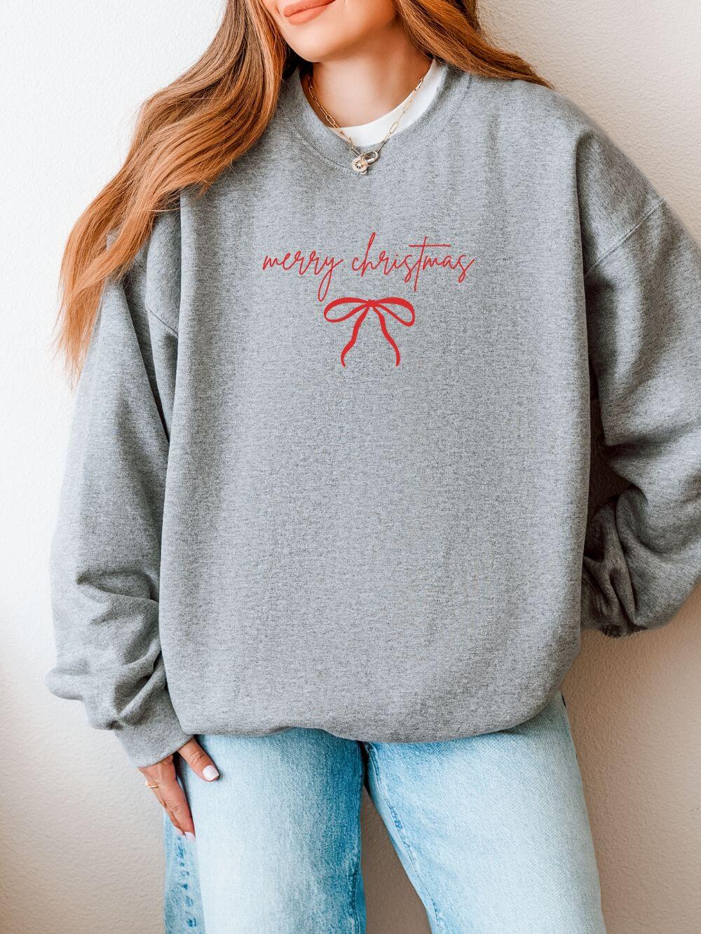 Red Bow Merry Christmas Script Heavy Blend Women's Crewneck Embroidered Holiday Sweatshirt - Sydney So Sweet