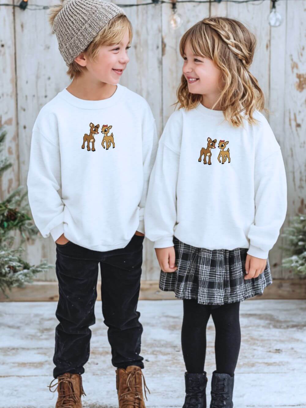 Reindeer Friends Kids' Crewneck Embroidered Christmas Graphic Sweatshirt - Sydney So Sweet