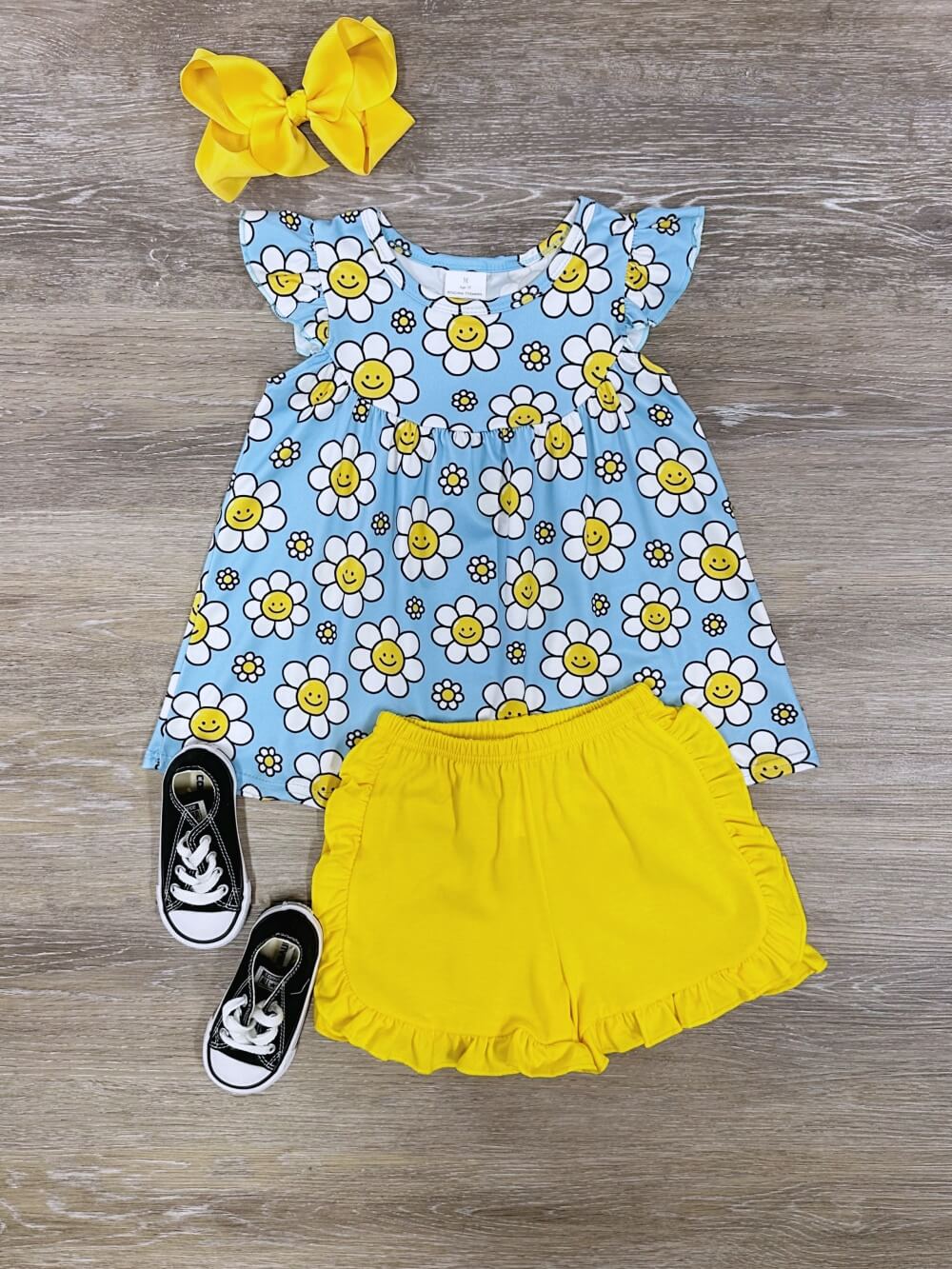 Retro Daisy Days Blue & Yellow Girls Ruffle Shorts Outfit