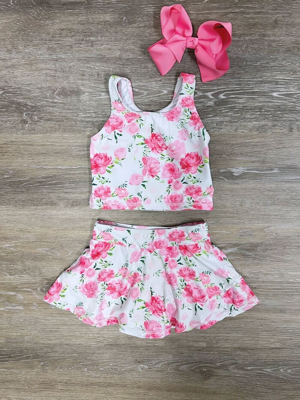 Rosy Hot Pink Florals Girls Tankini & Skort Swim or Yoga Set - Sydney So Sweet