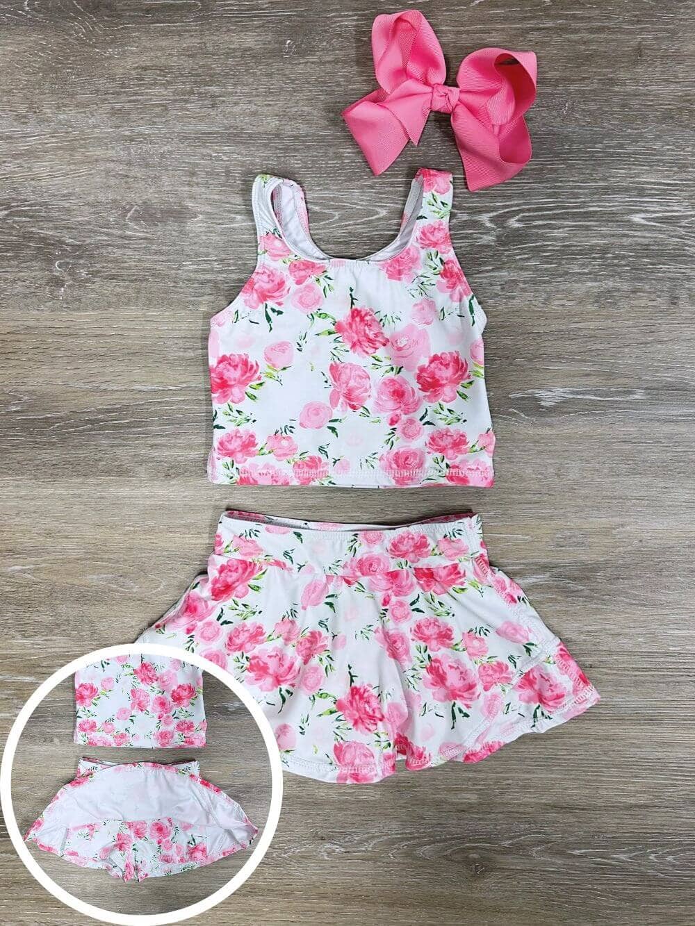 Rosy Hot Pink Florals Girls Tankini & Skort Swim or Yoga Set - Sydney So Sweet